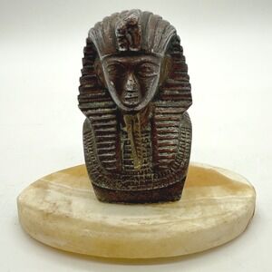 Vintage Egyptian Pharaoh Tutankhamun Bust Statue‎ Sculpture Onyx Base- heavy